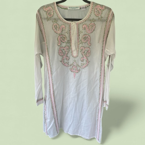 graham kandiah Tops - Graham Kandiah NWOT Elegant White Green and Pink Embroidered beaded Tunic Medium